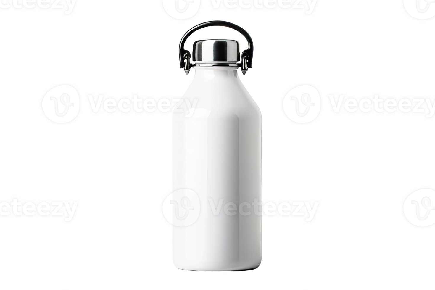 Insulated white bottle with loop on black background, cut out transparent png