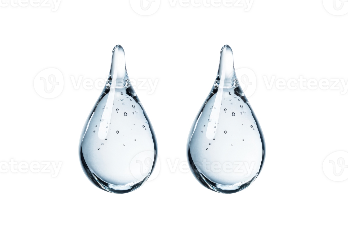 Pair of translucent water drops, bubbles inside, on black, cut out transparent png