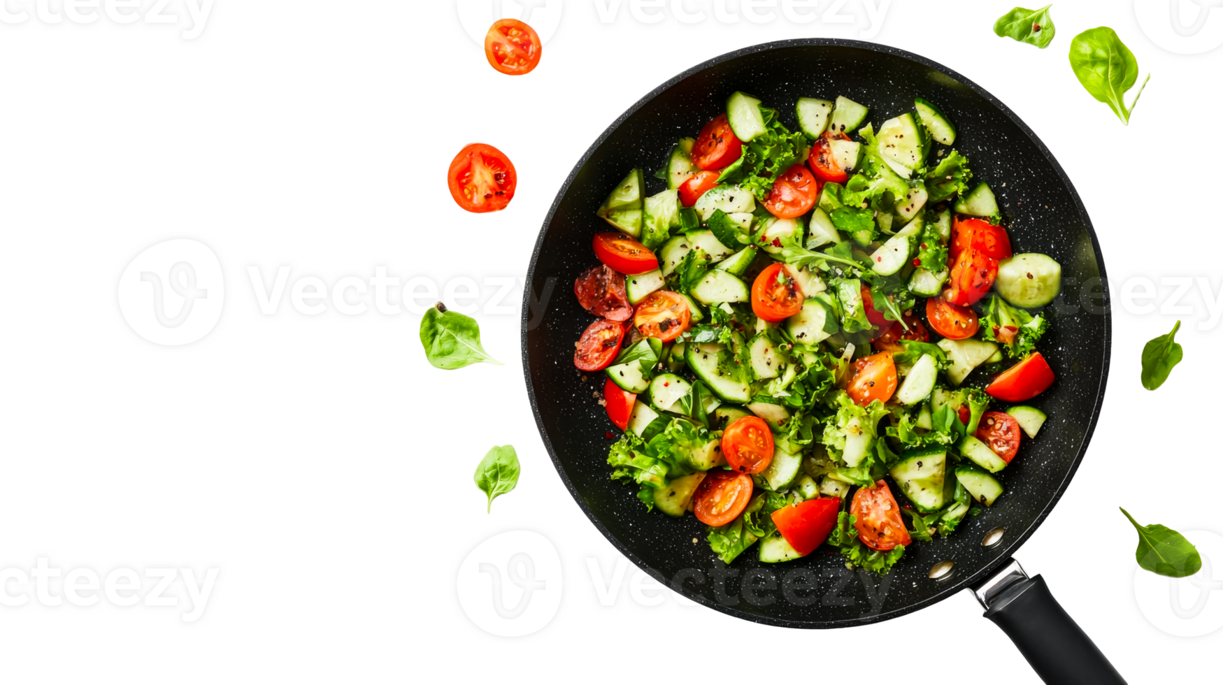 Fresh tomato and cucumber salad in a frying pan, cut out transparent png