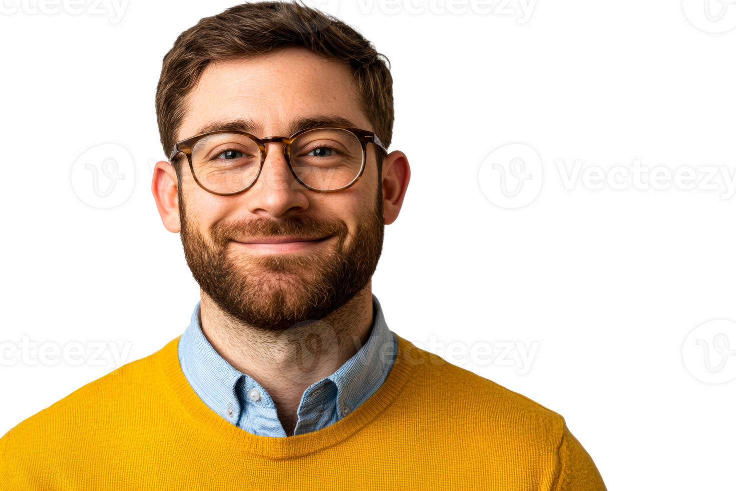 Man with beard and glasses smiling, cut out transparent png