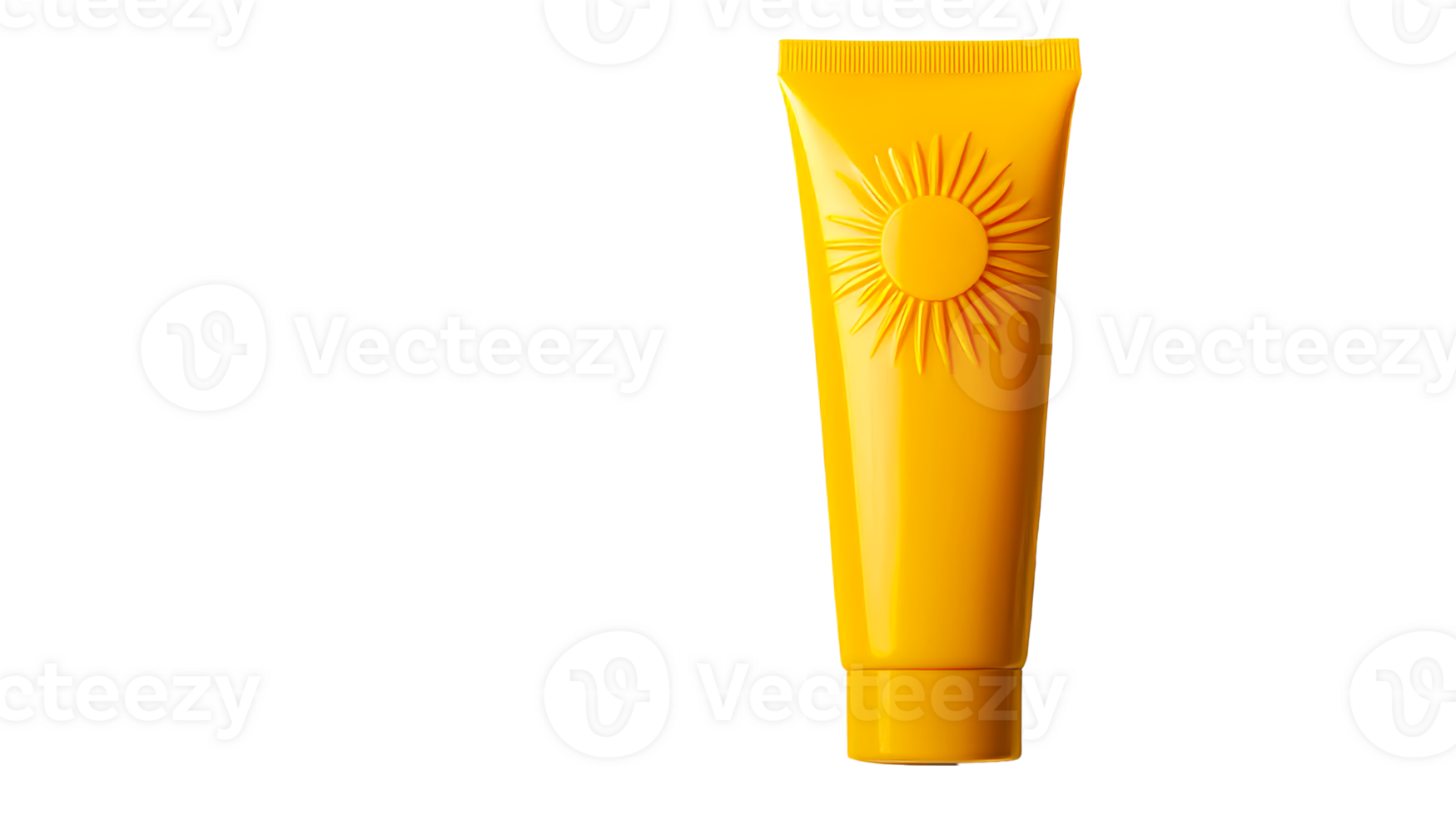 Bright yellow sunscreen tube with sun emblem on transparent background png