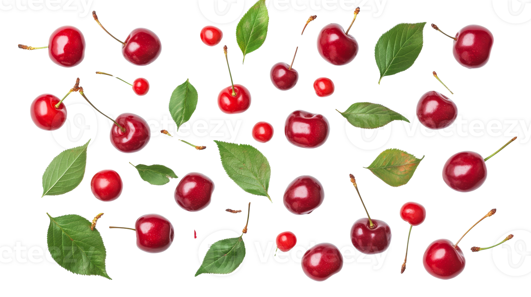 Red cherries and green leaves on a clear background png