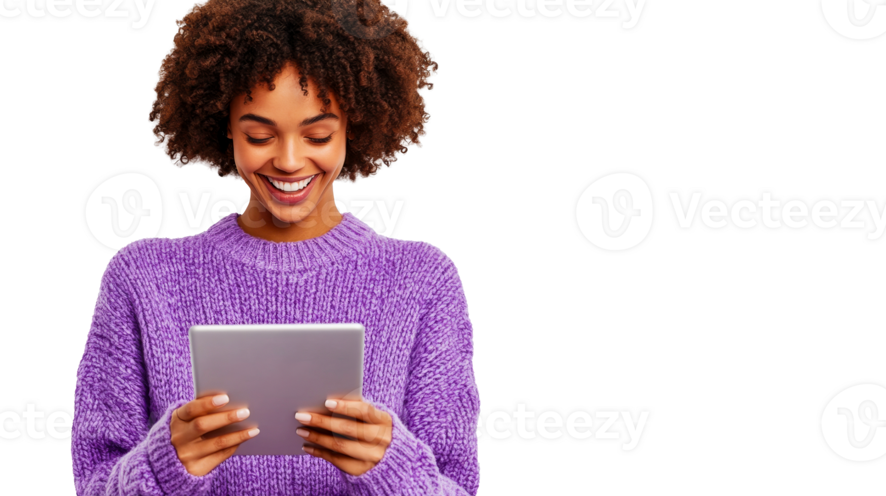 Smiling woman in purple sweater uses tablet on clear bg png