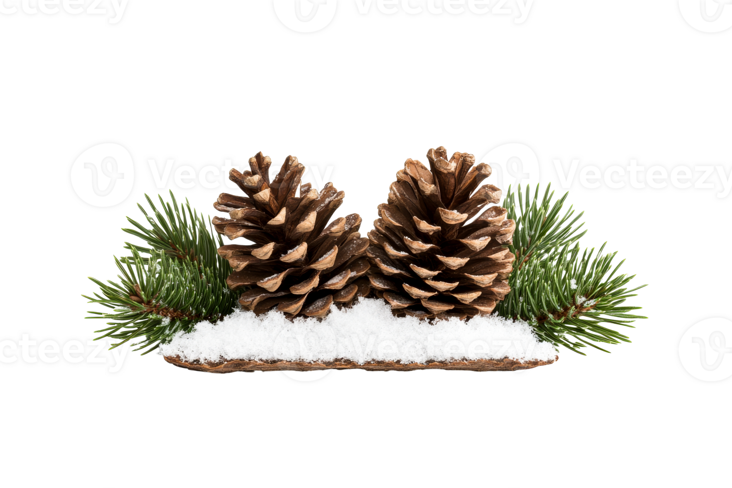 Pinecones and snow on evergreen branches, transparent bg png