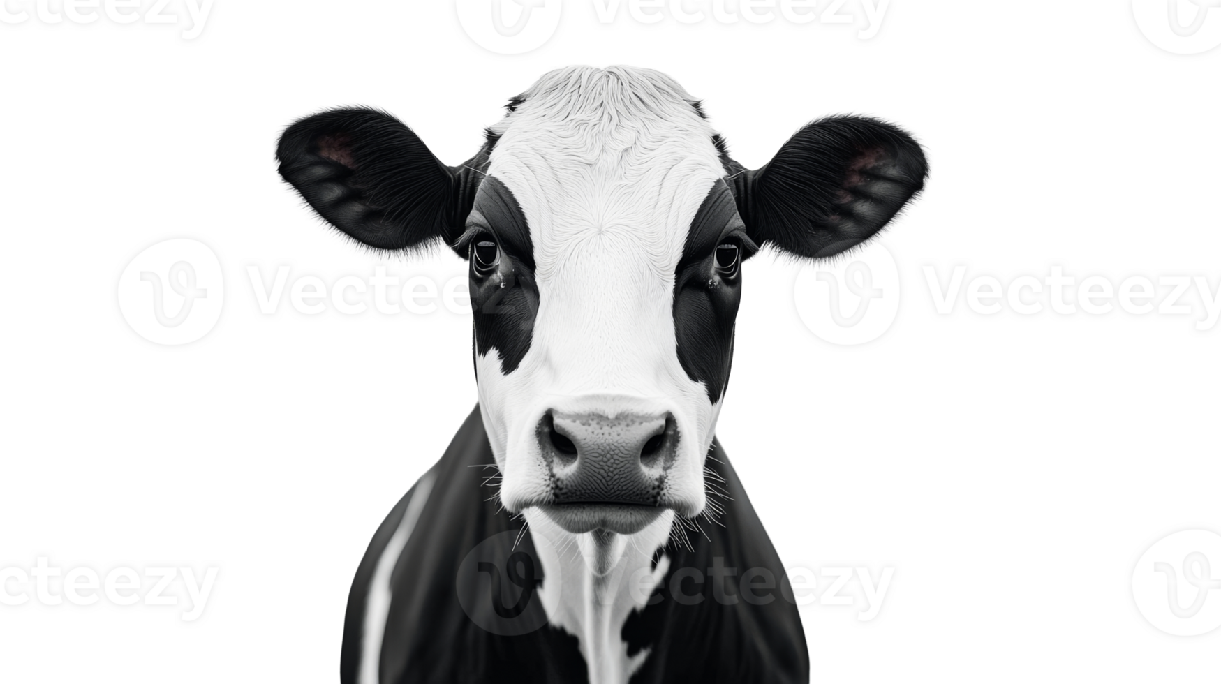 Black and white cow portrait with transparent background png