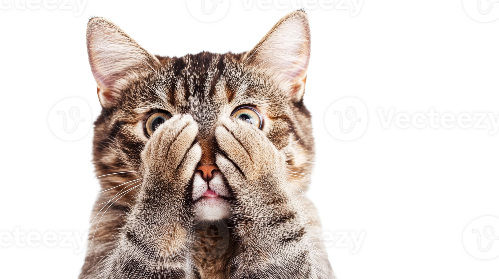 Cat covering its eyes in playful expression on transparent background png
