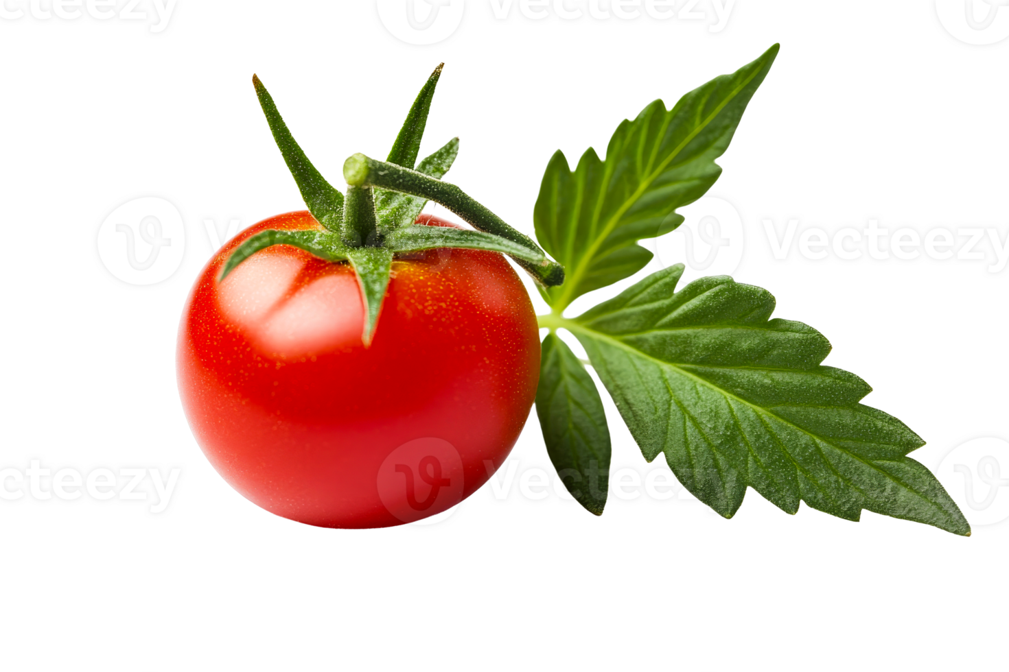 Fresh ripe red tomato with green leaves ready for harvest png