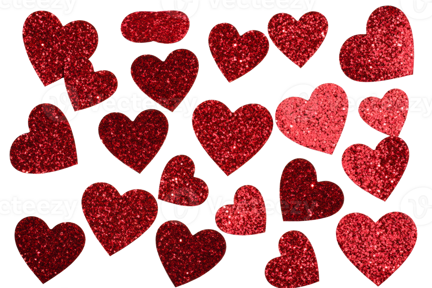 Red glitter hearts scattered on a transparent background png