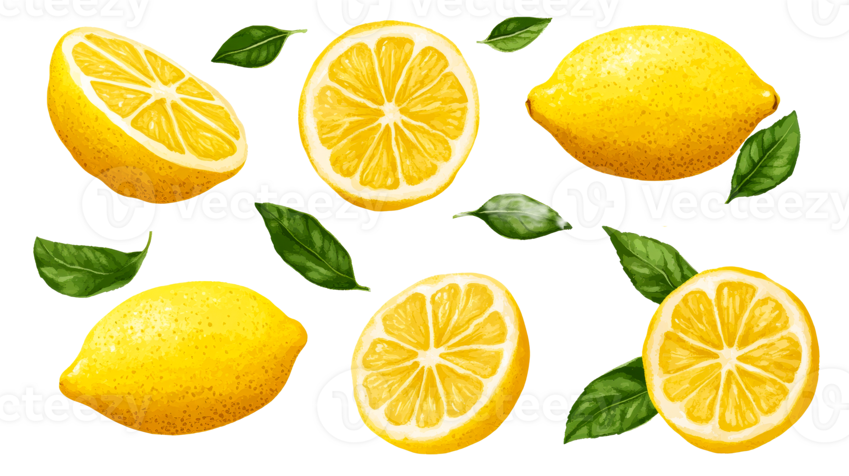 Lemons and slices with green leaves on clear background png