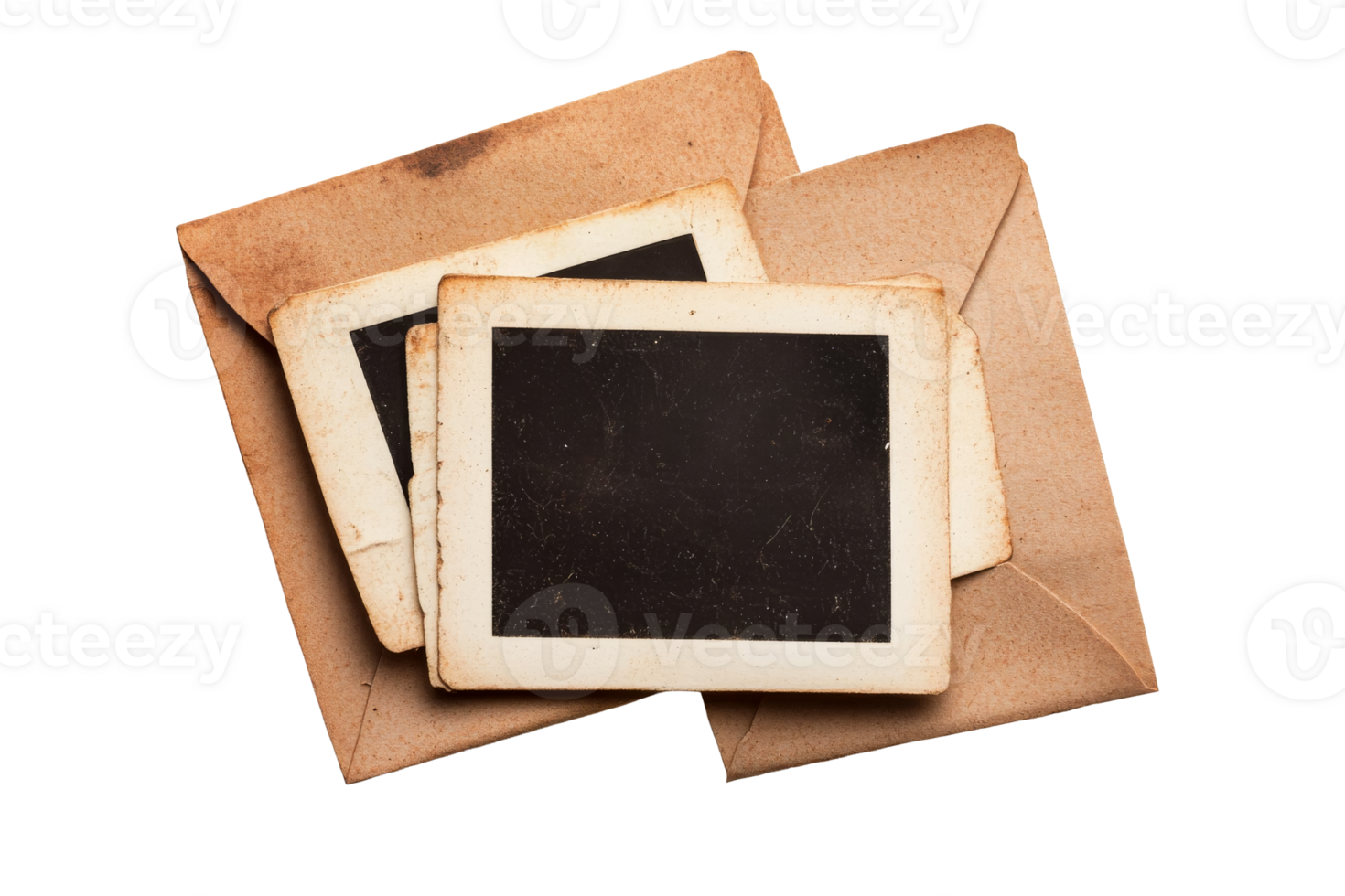 Collection of vintage photographs in brown envelopes with empty frames png