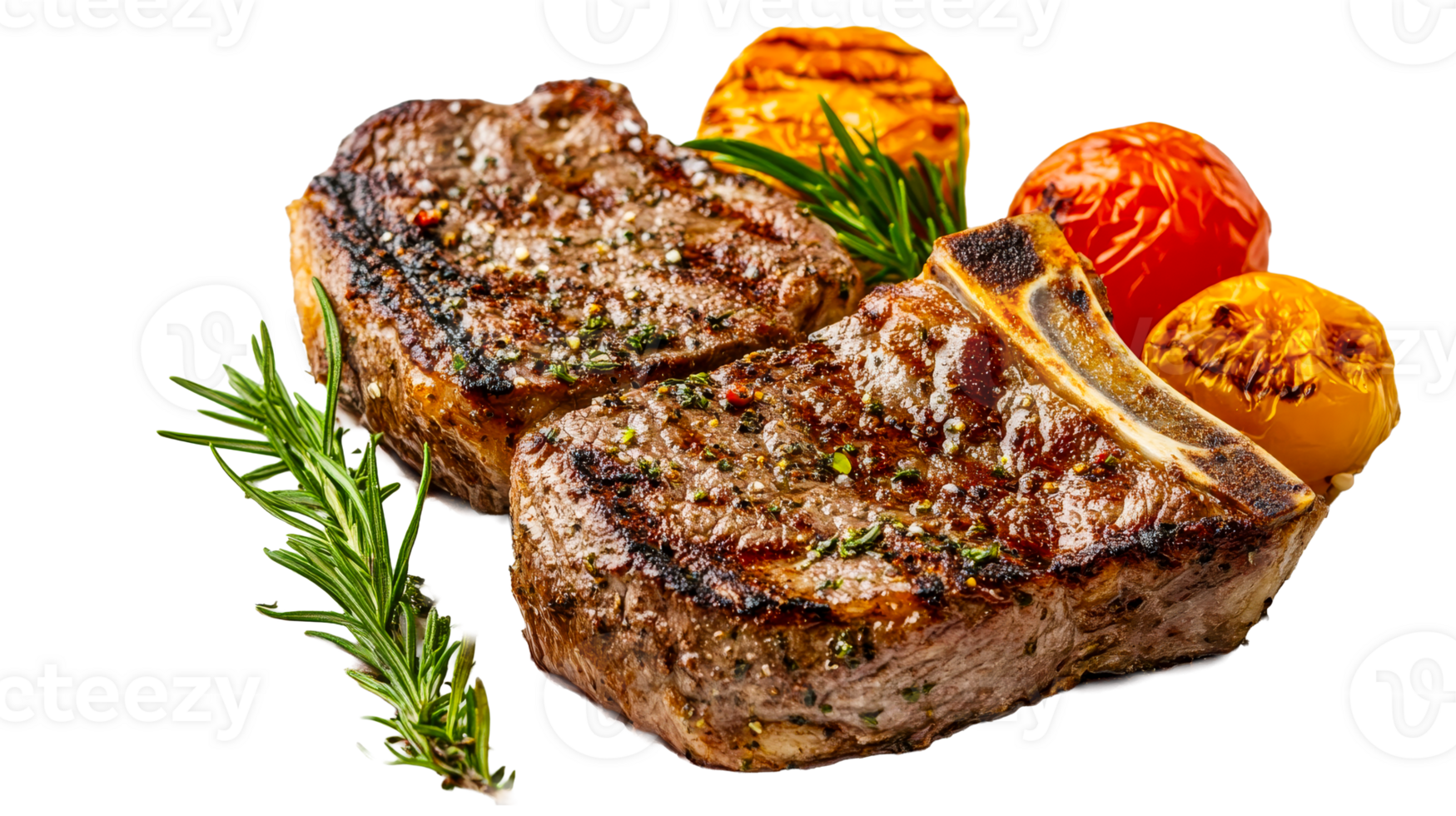 Grilled steak with herbs and roasted tomatoes on a plate png