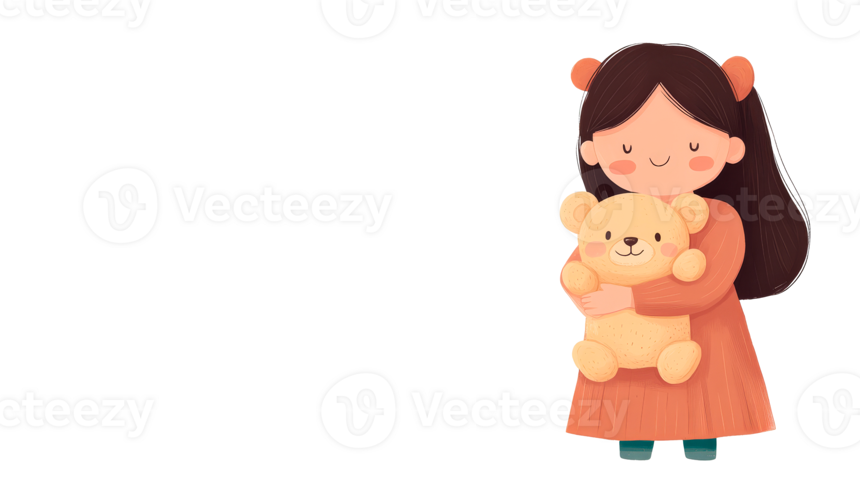Cute girl hugs a teddy bear, isolated against black, cut out transparent png