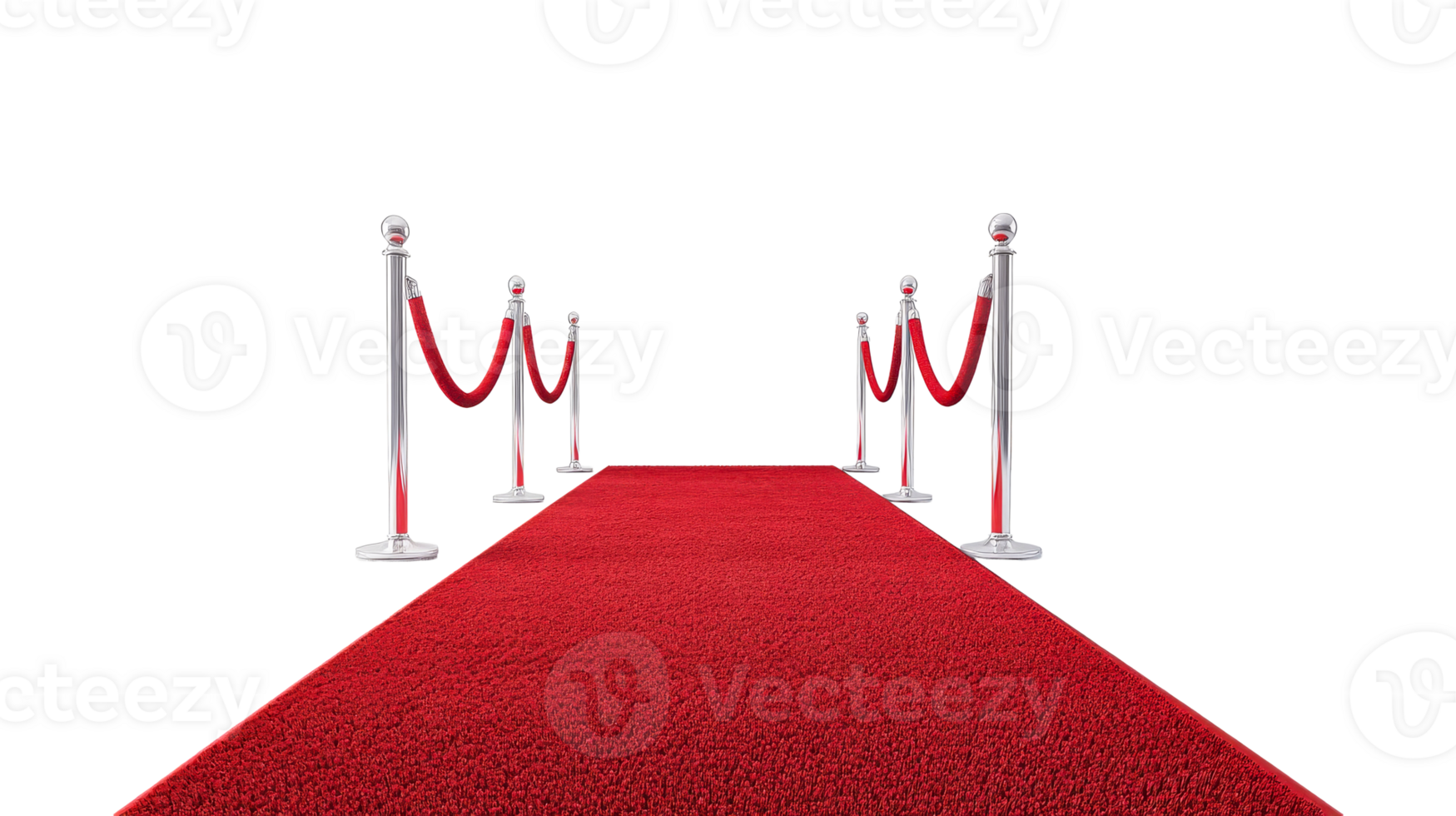Red carpet event with chrome stanchions, velvet ropes, cut out transparent png