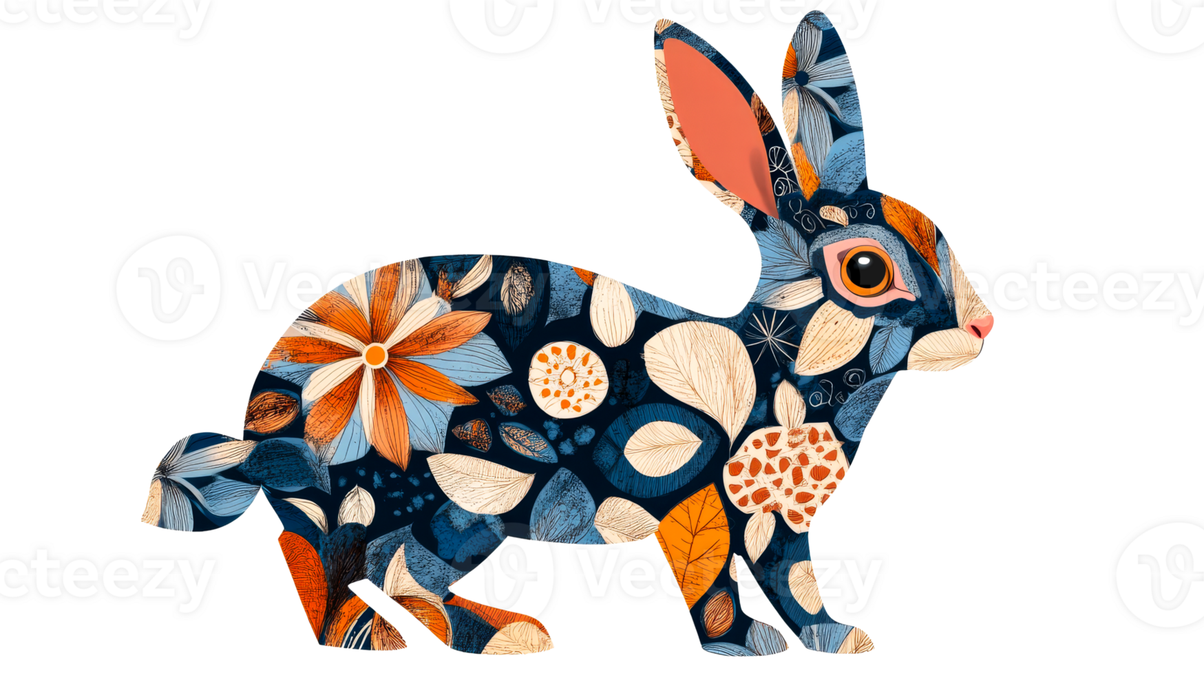 Decorative patterned rabbit with flowers and leaves , cut out transparent png
