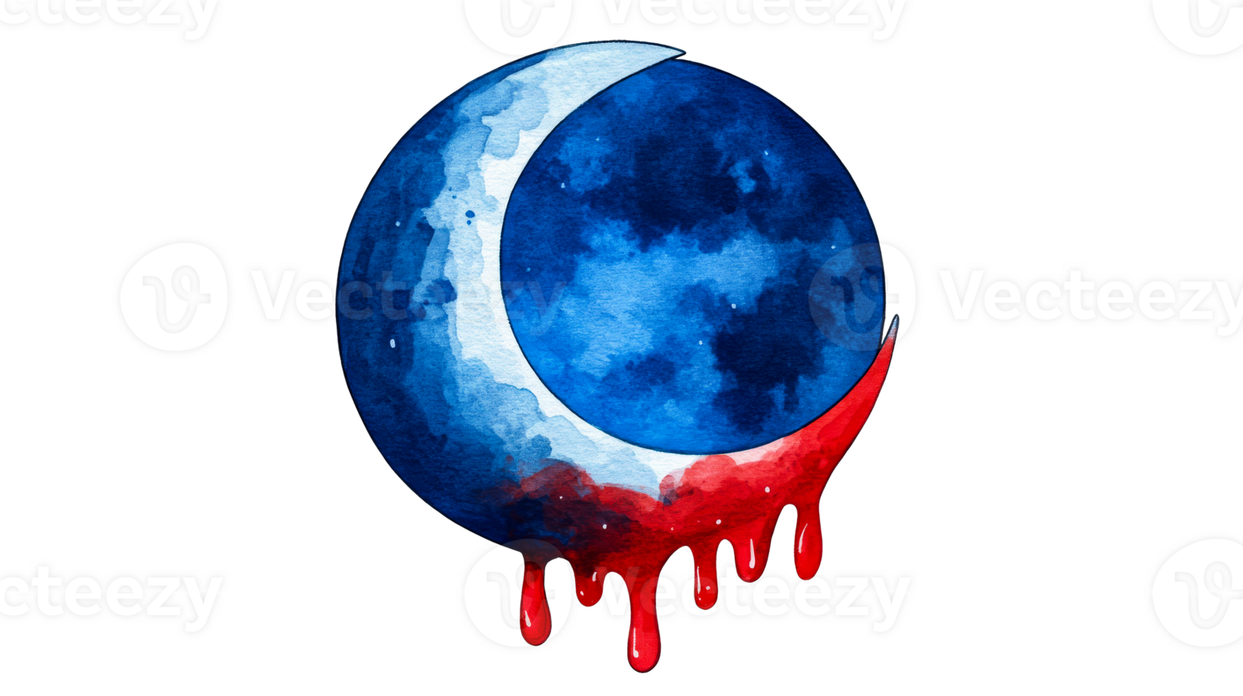 Dark blue bleeding moon phase, watercolor illustration, cut out transparent png