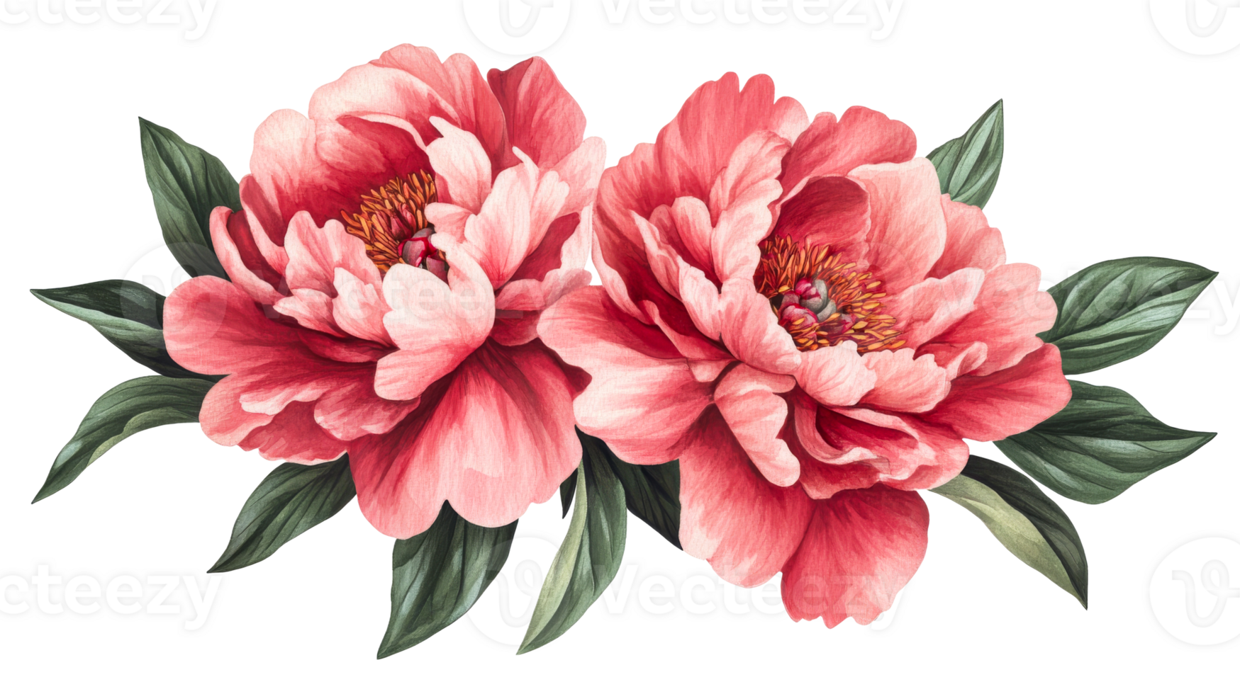 Two pink peonies, lush foliage on black background, cut out transparent png