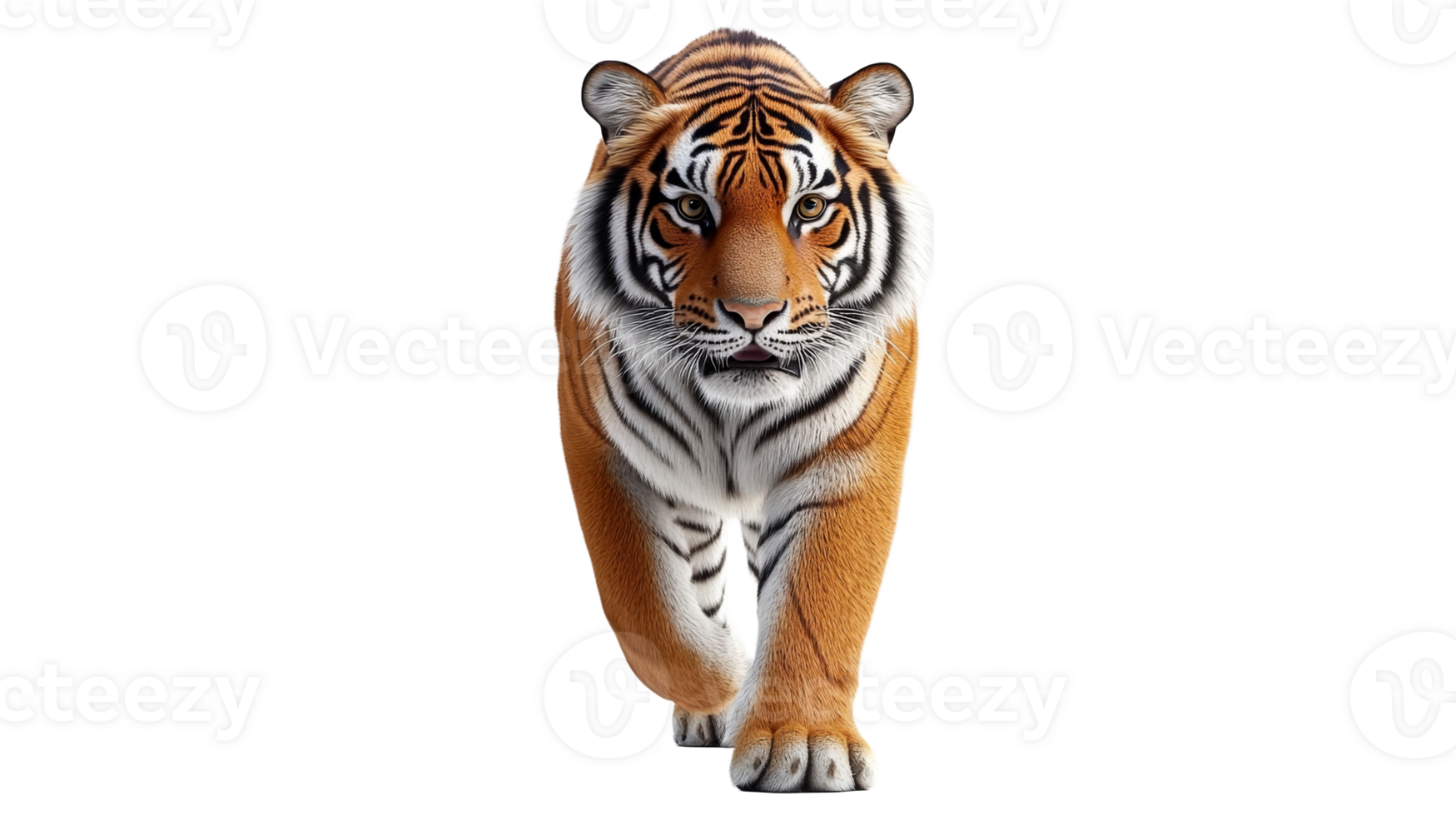 Tiger walks forward, on black background, cut out transparent png
