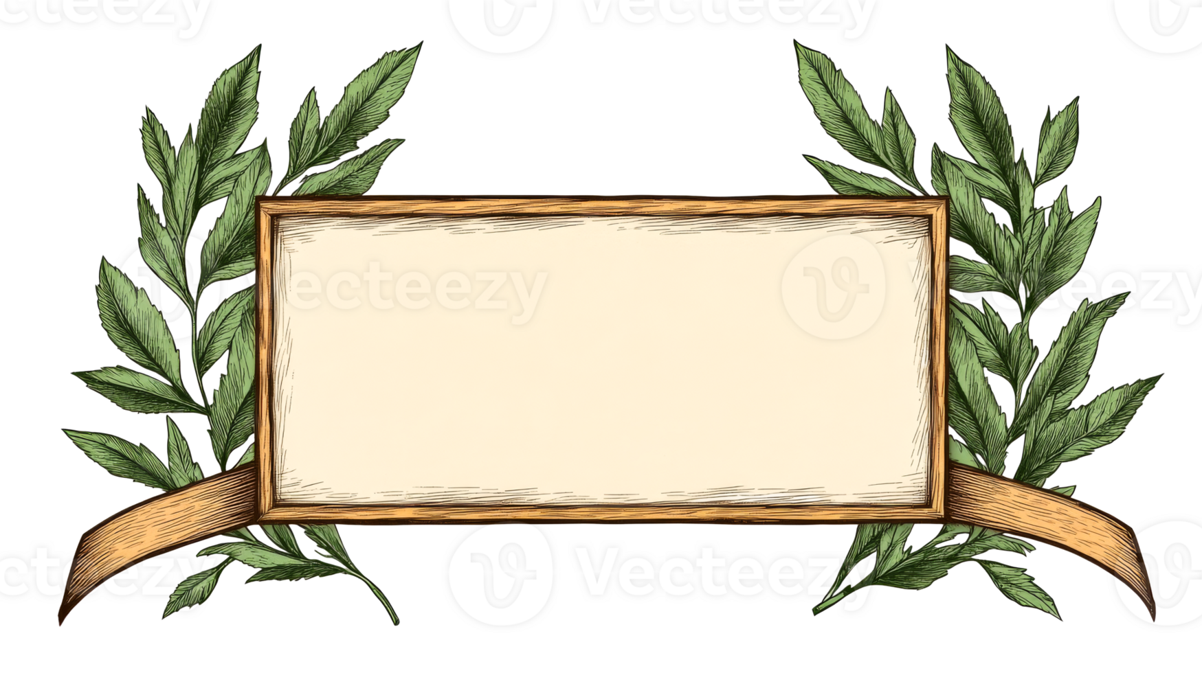 Frame with olive branches, decorative banner, and ribbon, cut out transparent png
