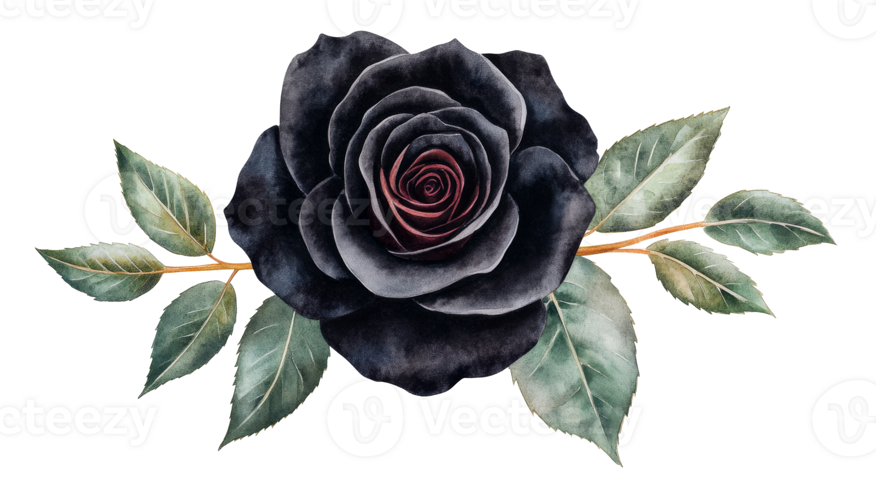 Elegant watercolor drawing of a black rose with leaves, cut out transparent png