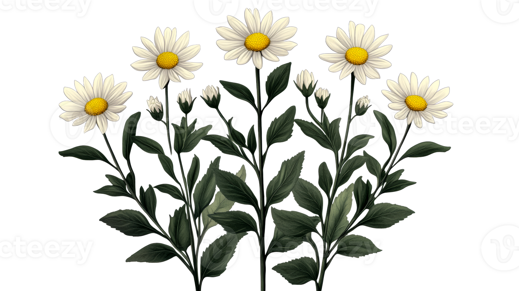 Daisies flowers white and yellow, buds and foliage, cut out transparent png