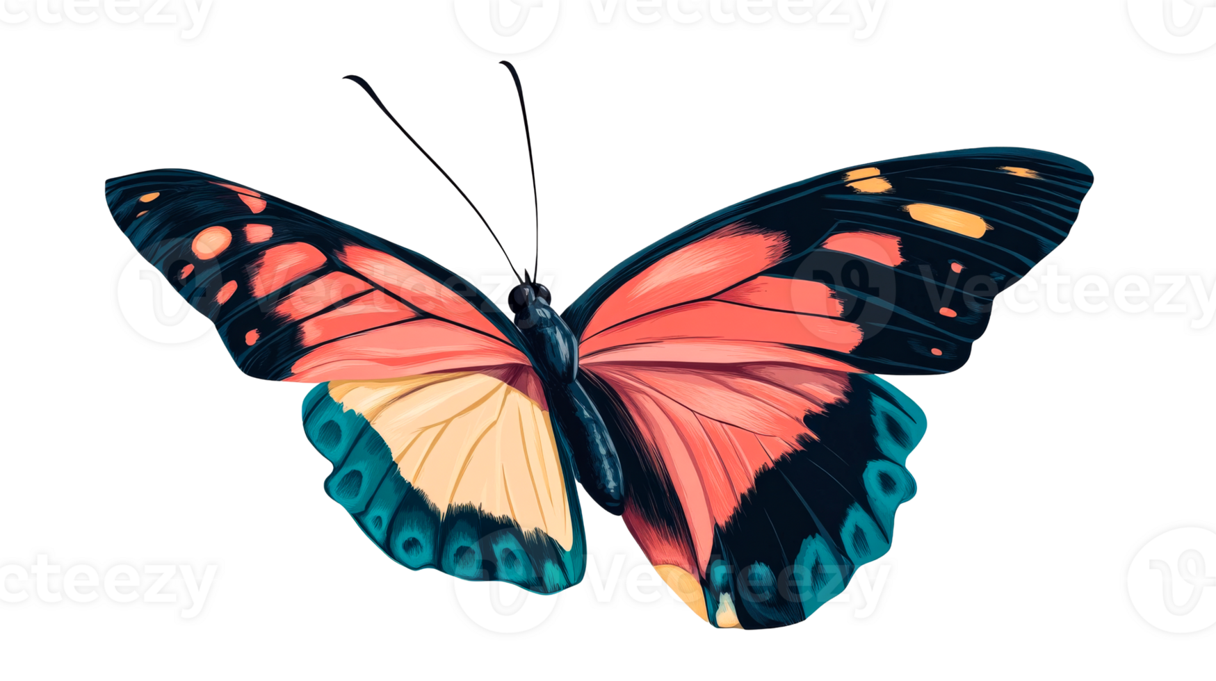Butterfly with salmon and turquoise patterns, cut out transparent png
