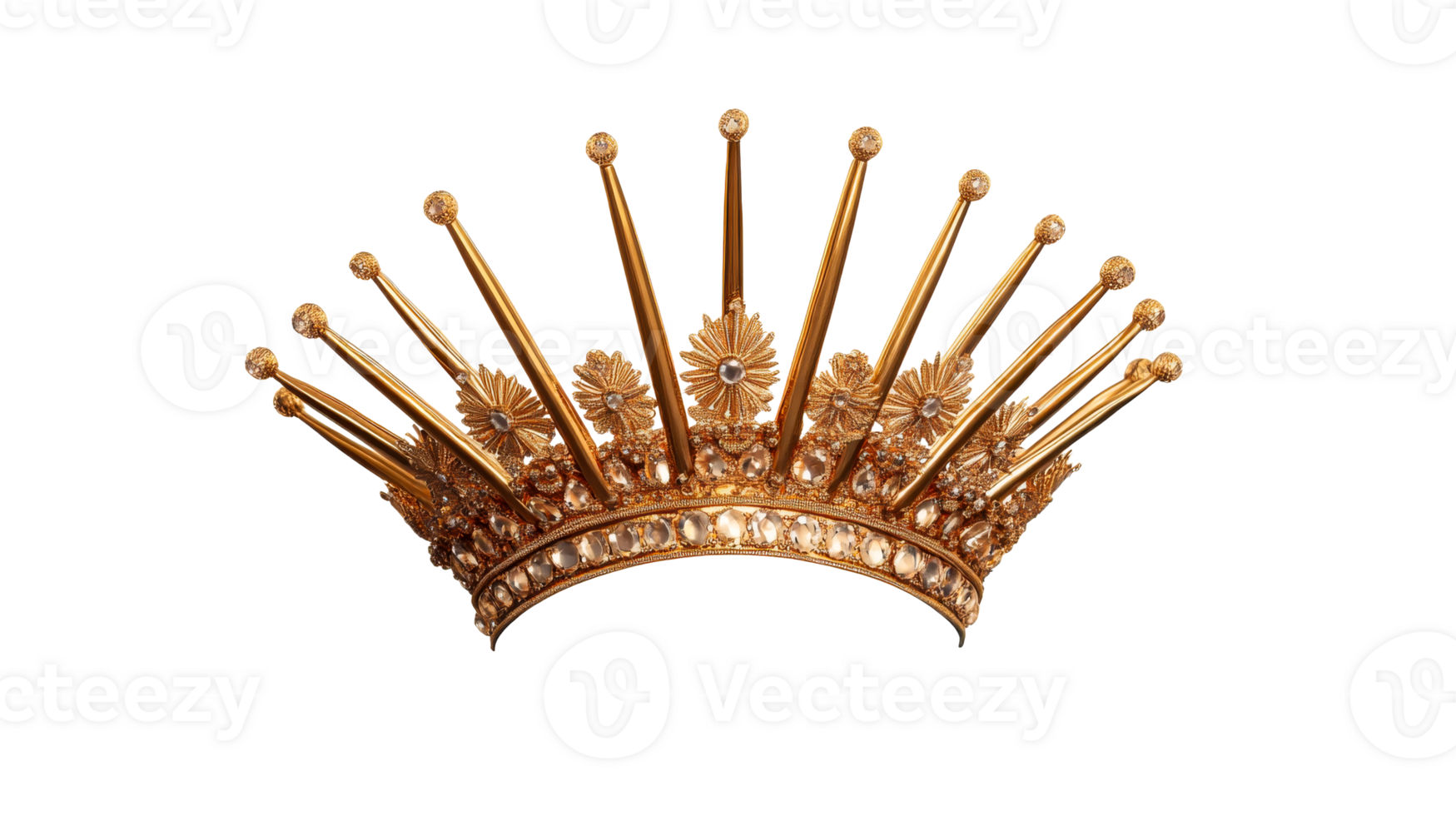 Ornate golden crown decorated with gems and spikes, cut out transparent png