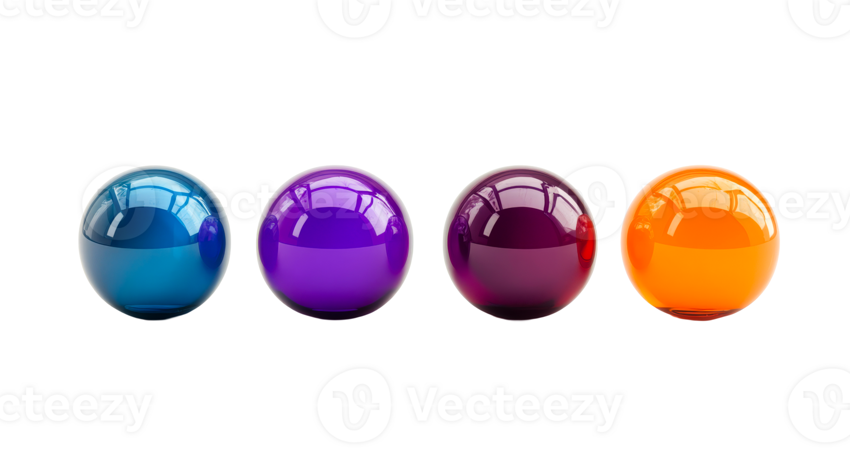 Glassy colorful orbs row against black background, cut out transparent png