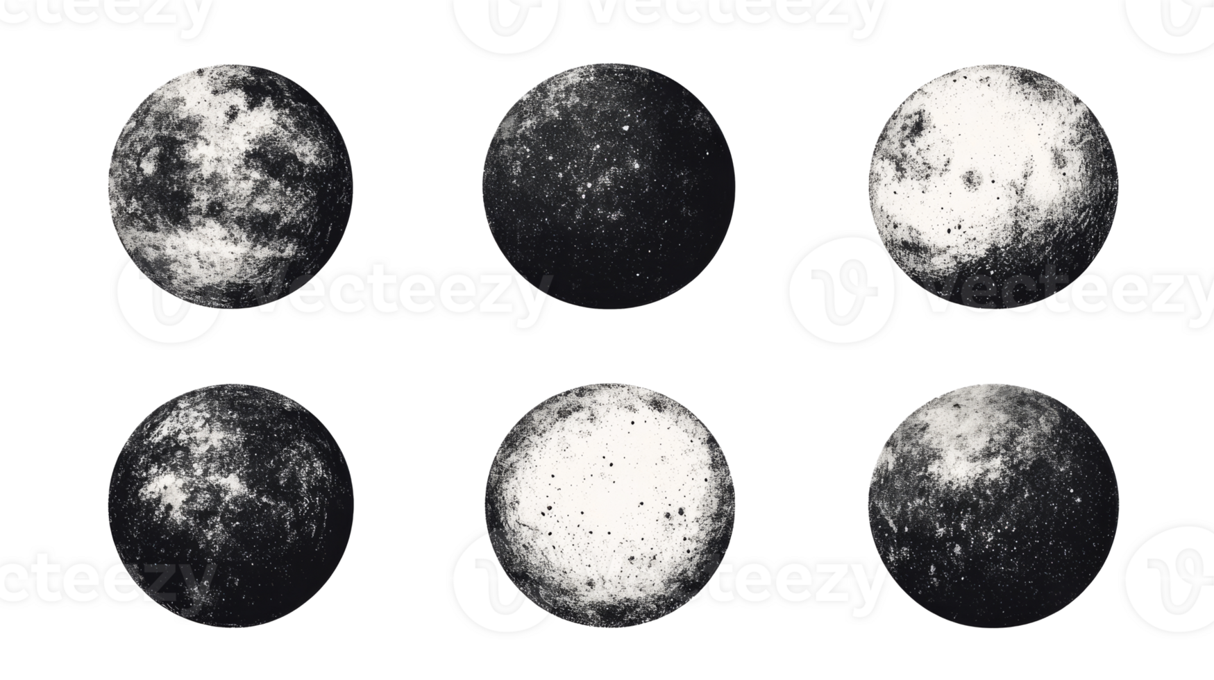 Six monochrome orbs with varied textures, cut out transparent png