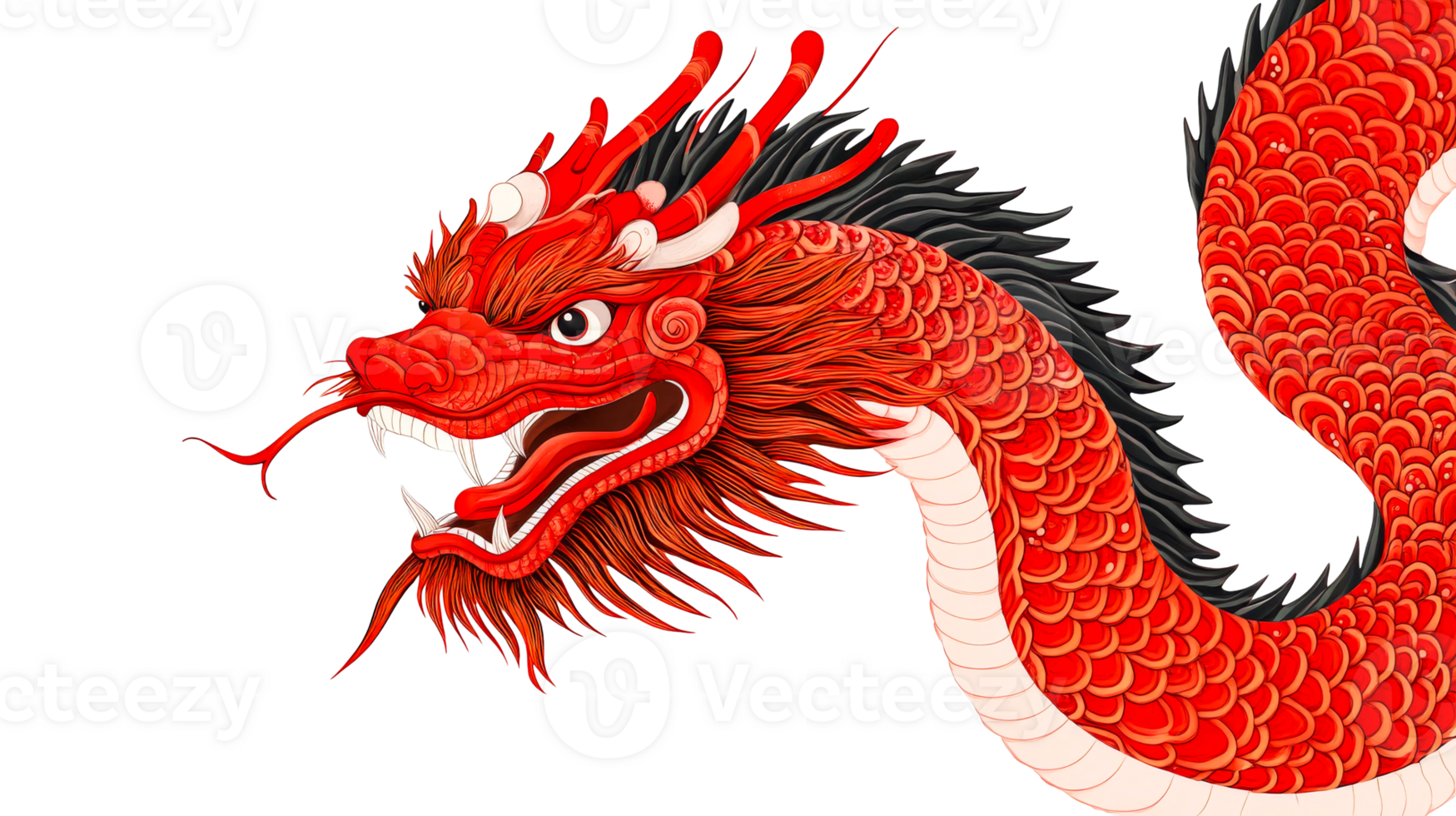 Red Chinese dragon with scales and black spines, cut out transparent png