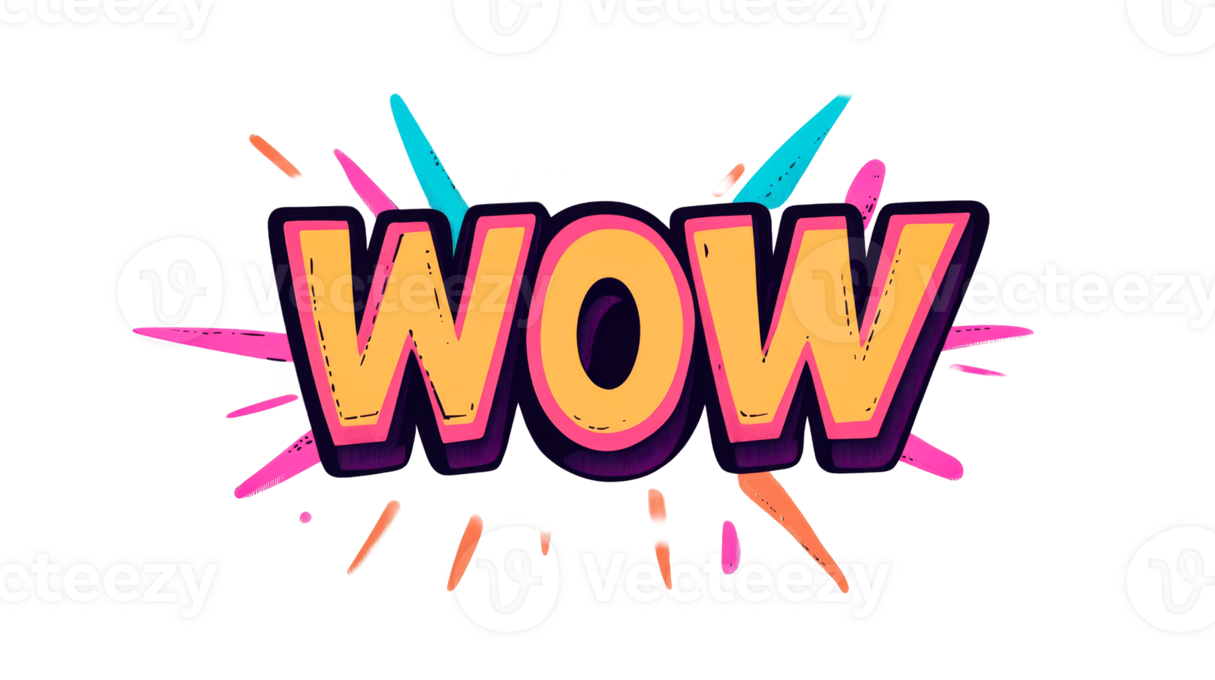 Cartoon word WOW lettering bright colors, isolated text design , cut out transparent png