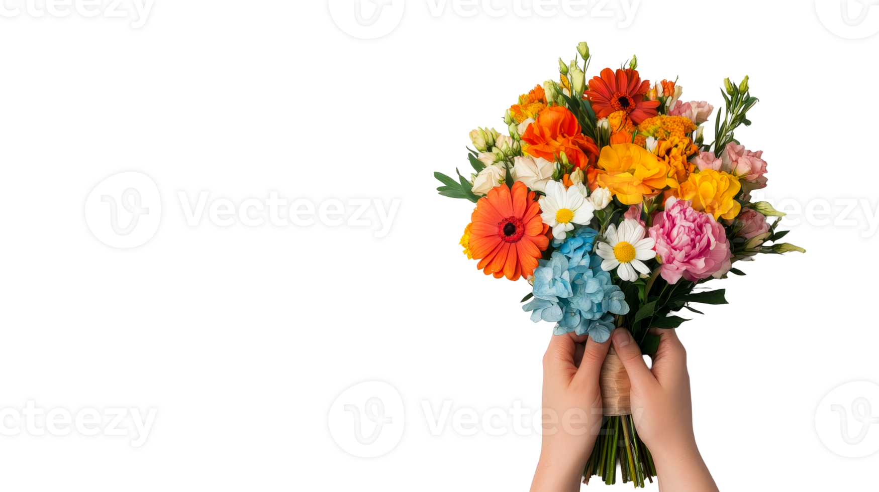 Blooming Bouquet Held by Hands, Colorful Flowers, Cut Out Transparent png