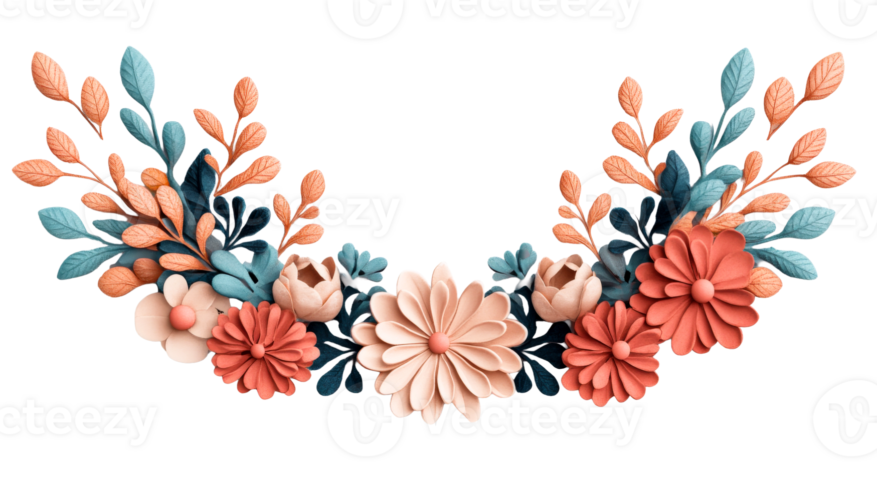 Floral crescent arrangement featuring peach and blue, cut out transparent png