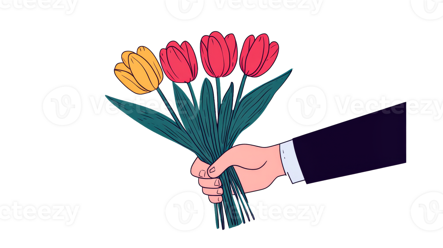 Hand holds bouquet of tulips with yellow flower, cut out transparent png
