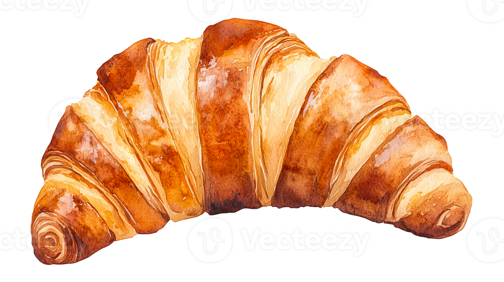 Watercolor painting of a croissant with layers and golden crust, cut out transparent png