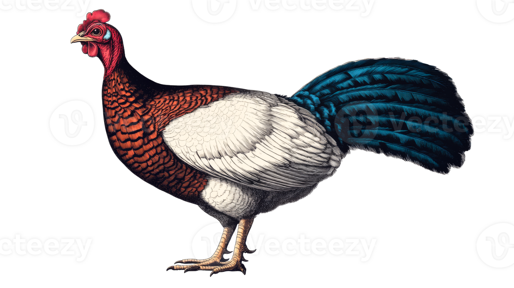 Elegant Colorful Rooster Illustration on Black Background, cut out transparent png