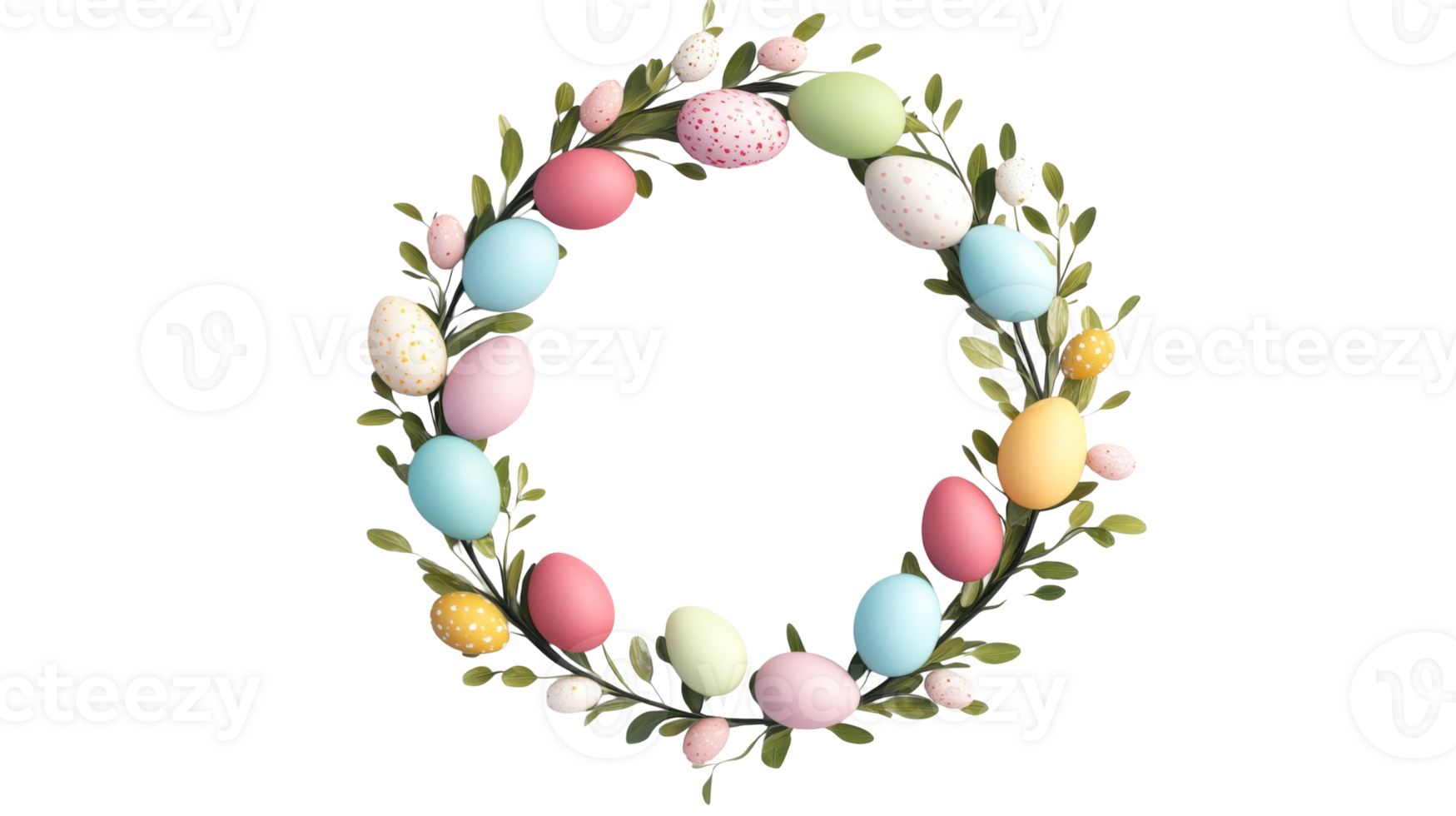 Easter wreath with colorful eggs and branches, cut out transparent png