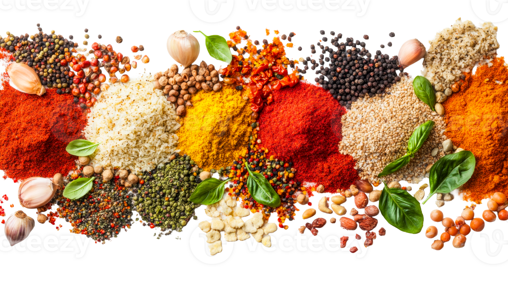 Colorful spices variety background, cut out transparent png