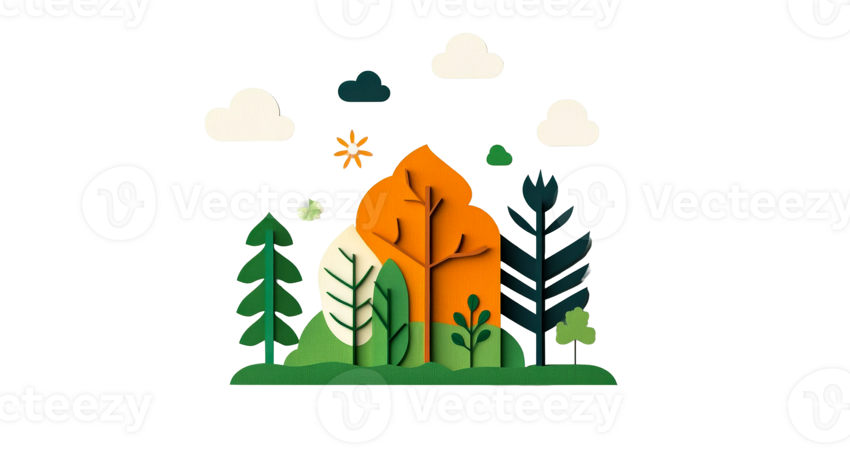 Paper cut forest landscape with trees, clouds, and sun, cut out transparent png