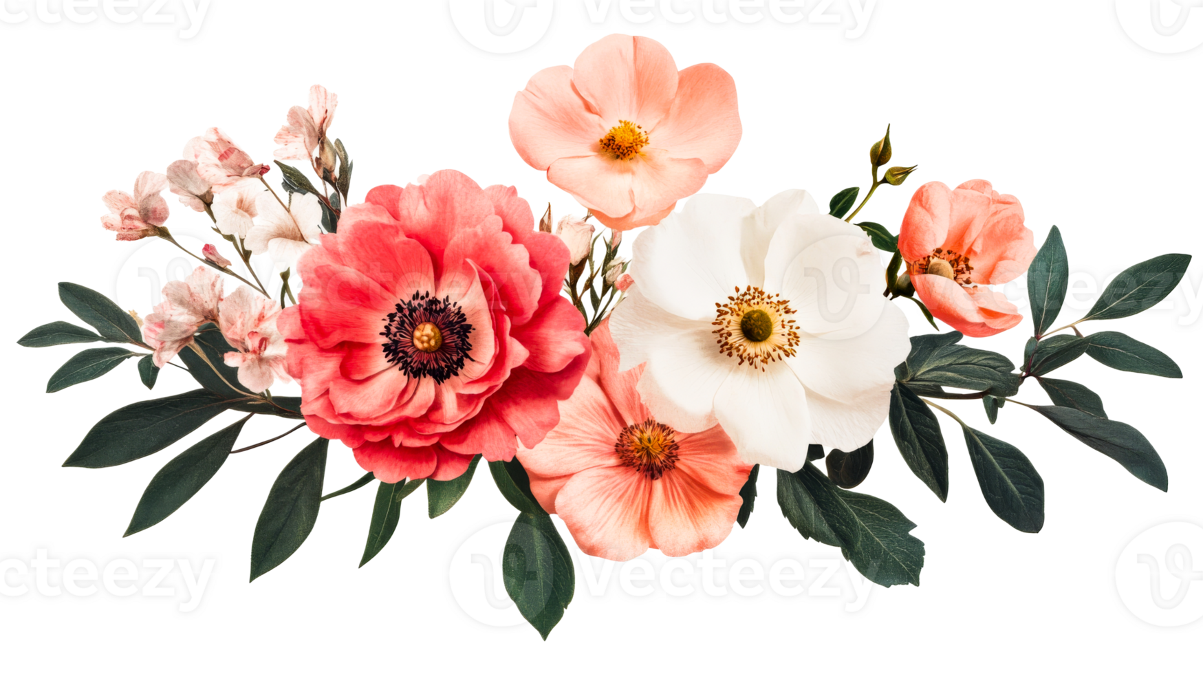 Floral arrangement featuring a variety of colorful blossoms, cut out transparent png