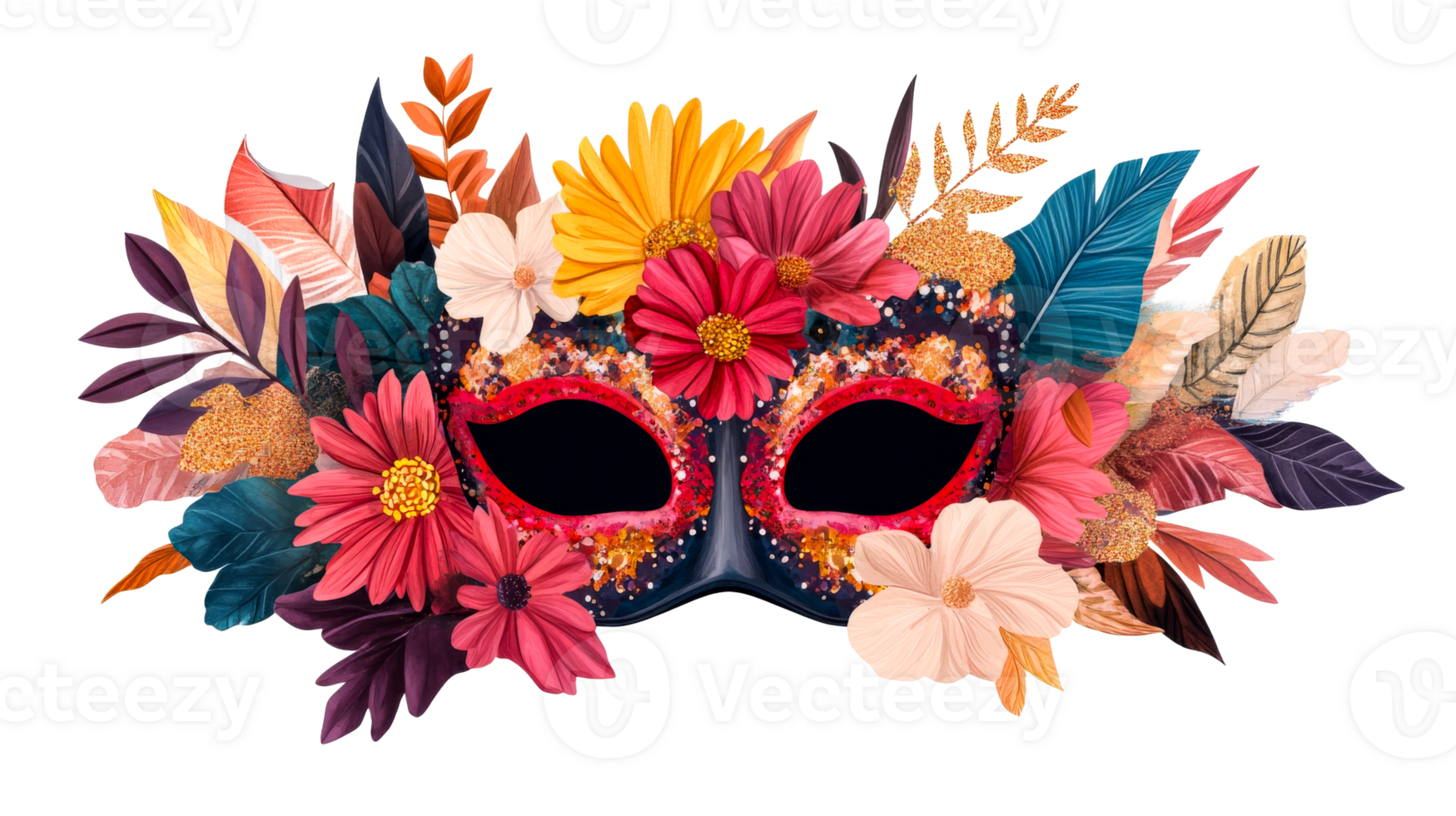 Festive masquerade mask with flowers, ornament, and vibrant colors, cut out transparent png