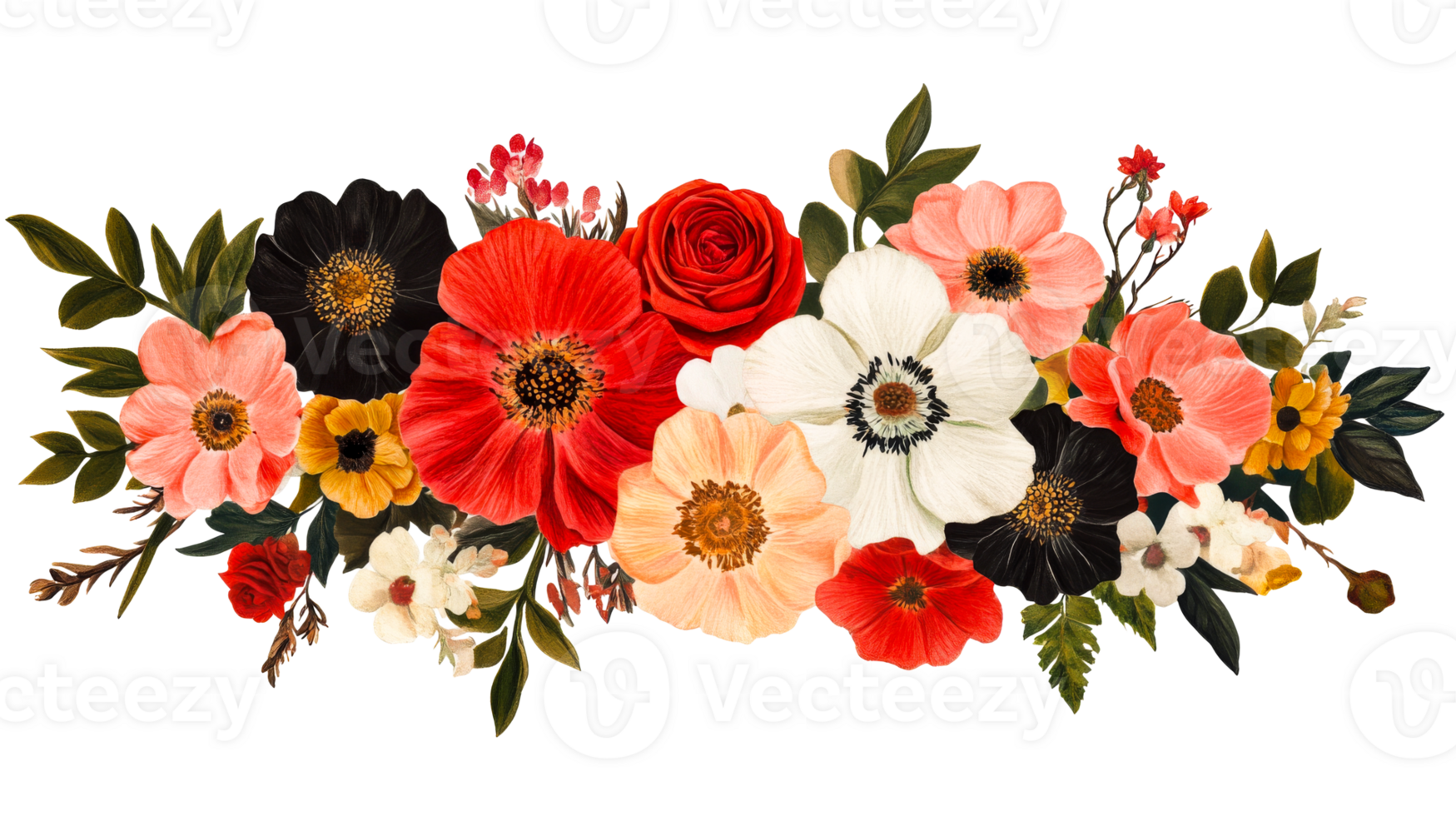 Floral arrangement with red rose and poppy, cut out transparent png