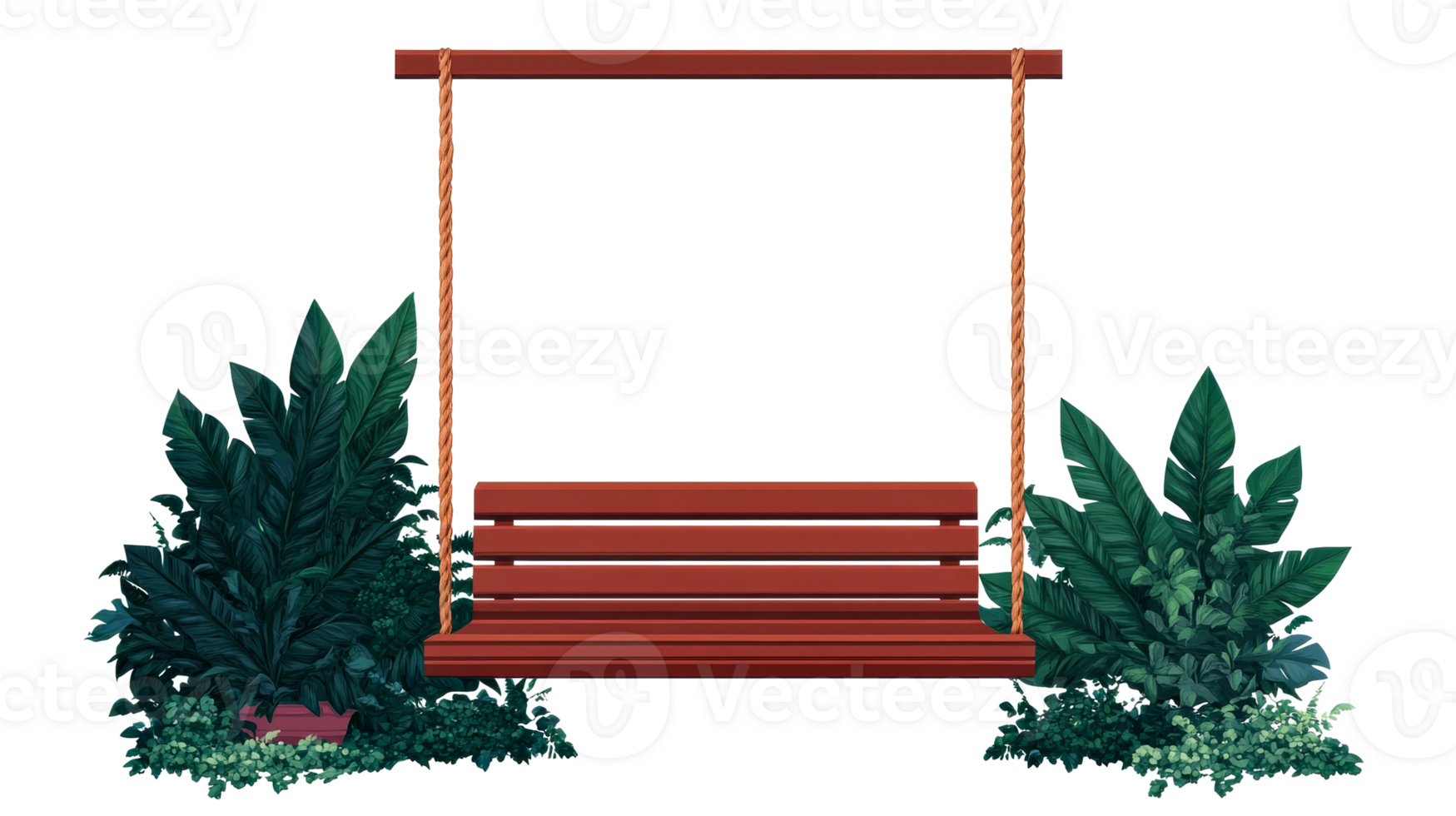 Hanging wooden swing seat surrounded by lush greenery, cut out transparent png