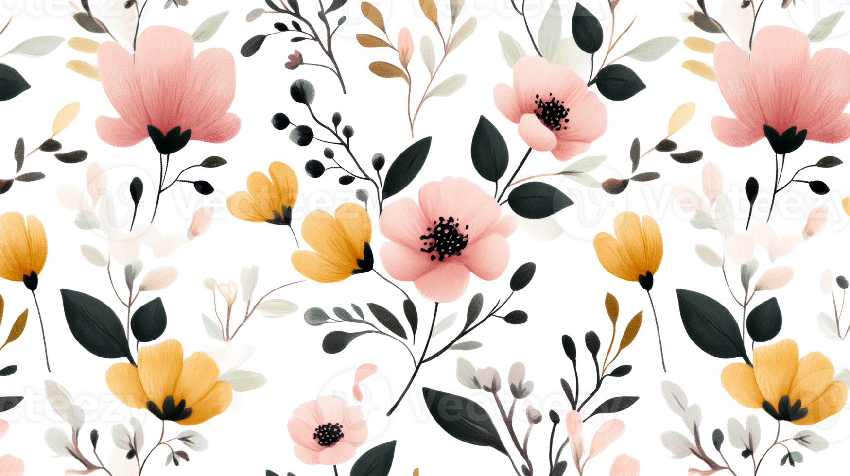 Floral pattern featuring pink and yellow flowers on black backdrop, cut out transparent png