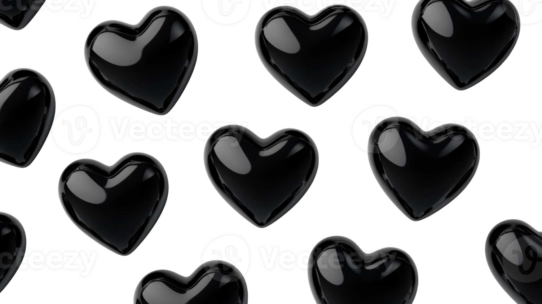 Black heart pattern, glossy, shiny 3D rendering with transparency , cut out transparent png
