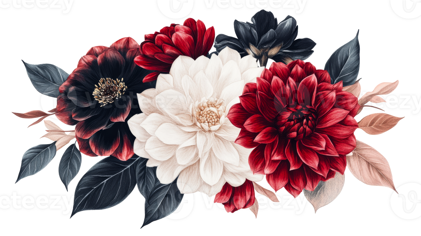 Red and white dahlia flowers with leaves on a black background, cut out transparent png