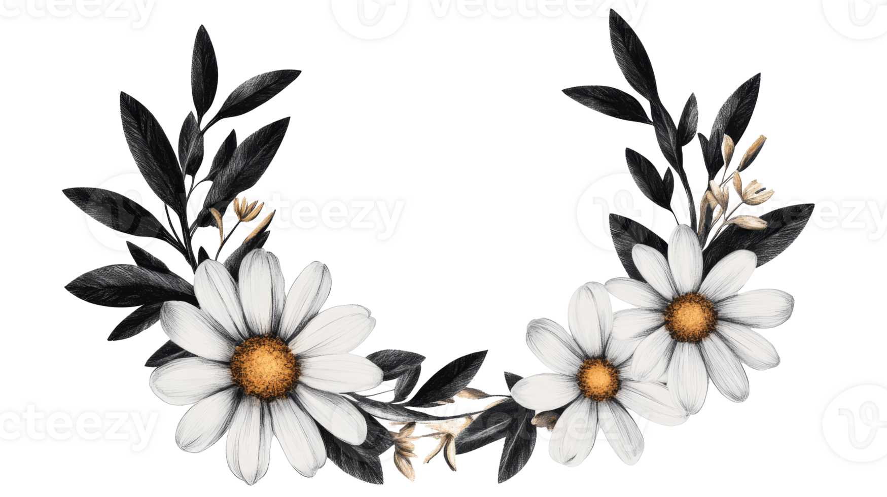 Daisies arranged in an arch with leaves, digital art, cut out transparent png