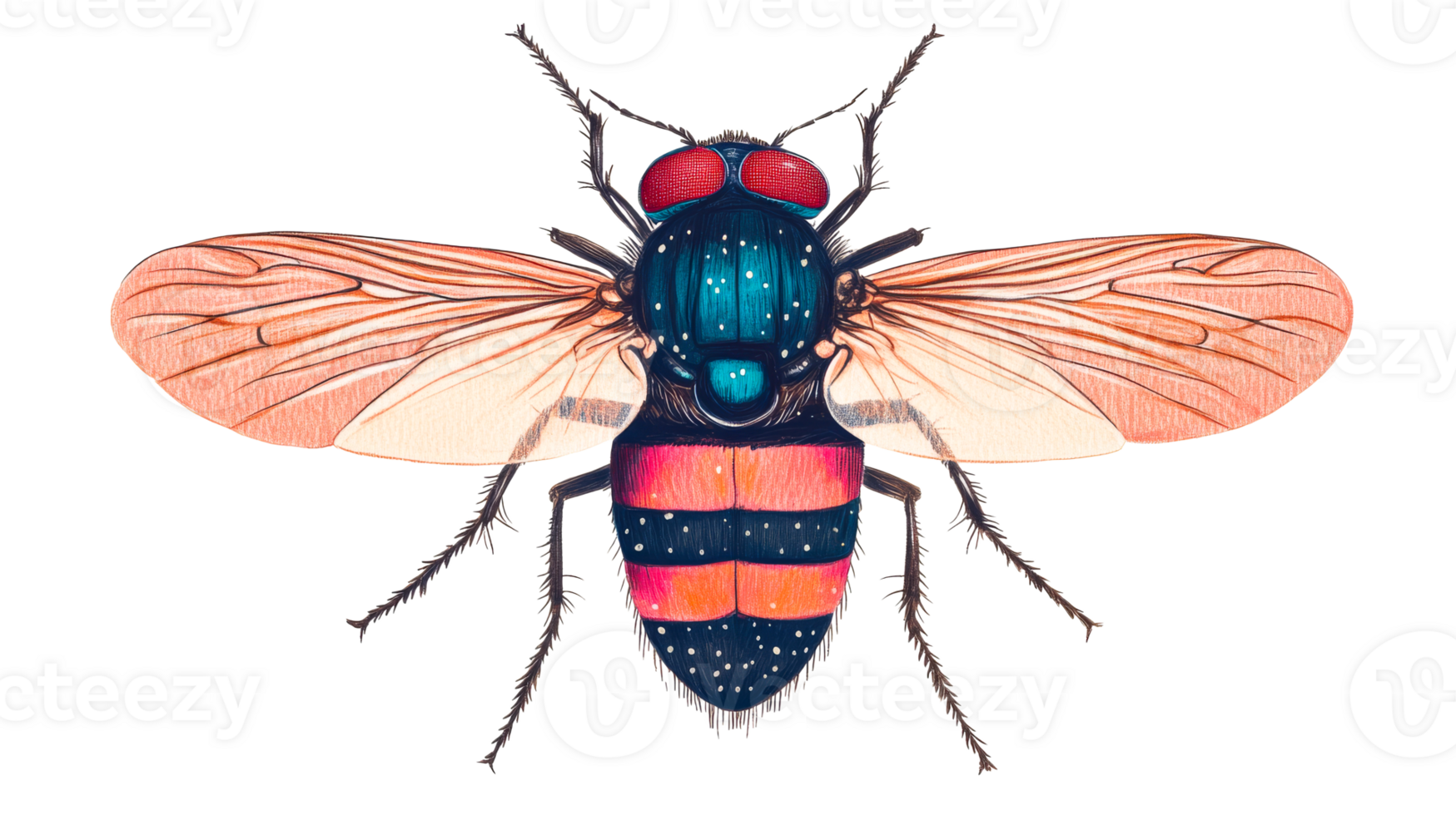 Colorful fly illustration with transparent background, cut out transparent png