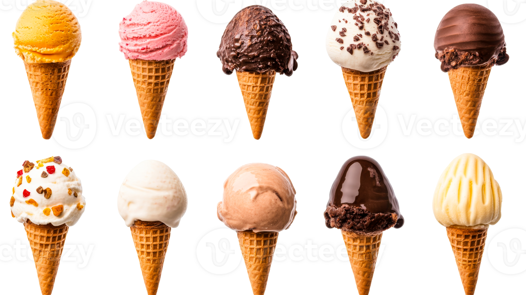 Assorted ice cream cones with different flavors, cut out transparent png