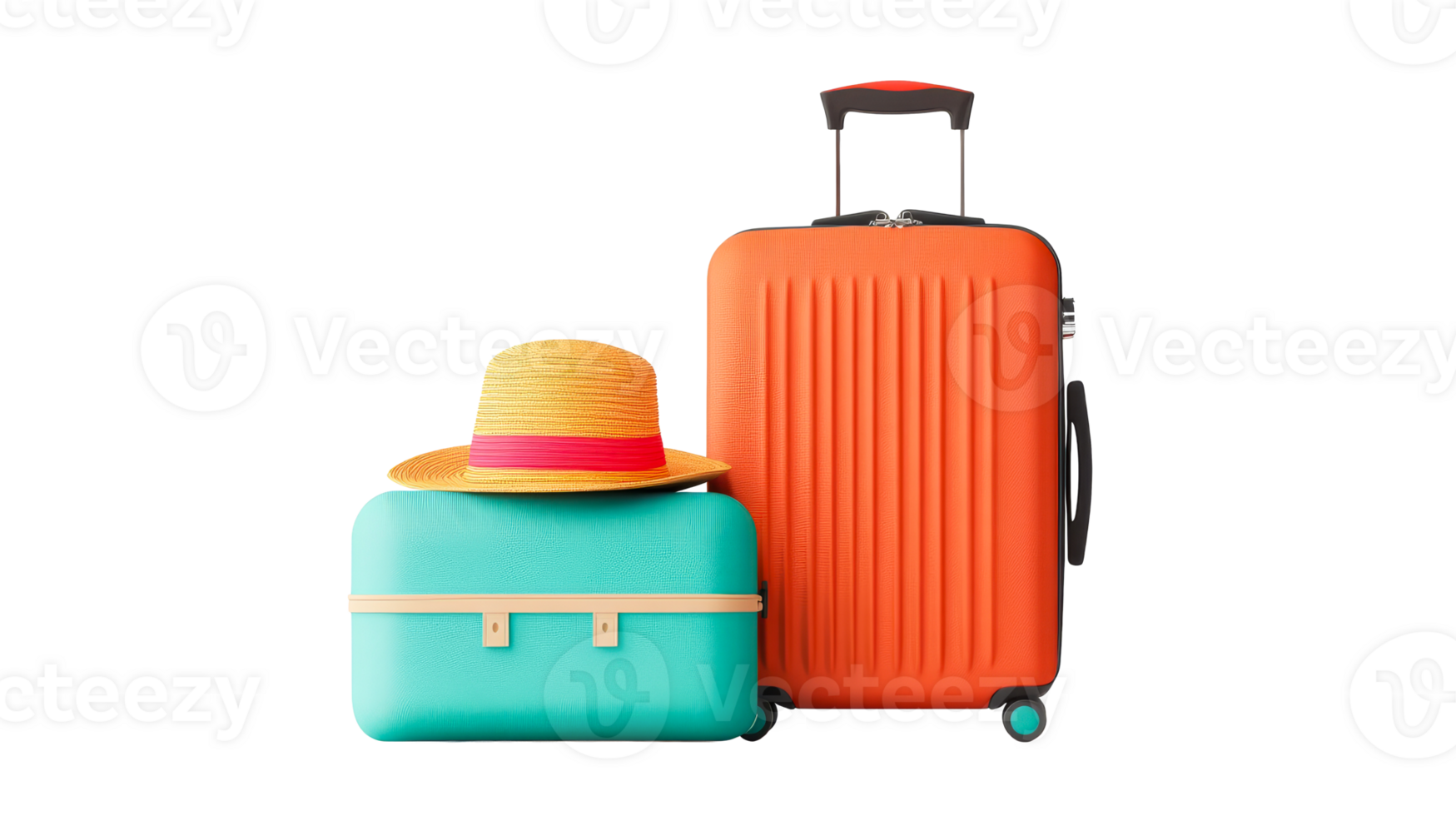 Luggage and Straw Hat on Black Backdrop, Cut Out Transparent png