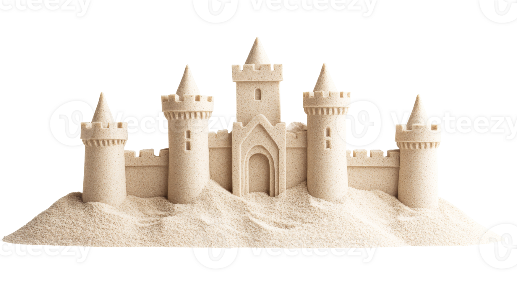 Detailed sand castle, towers, walls, intricate design, sculpture, cut out transparent png